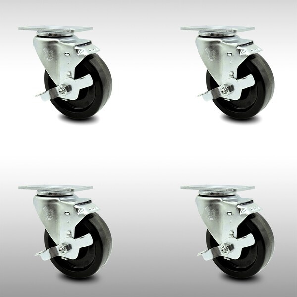 4 Inch SS Phenolic Swivel Top Plate Caster Set with Brake